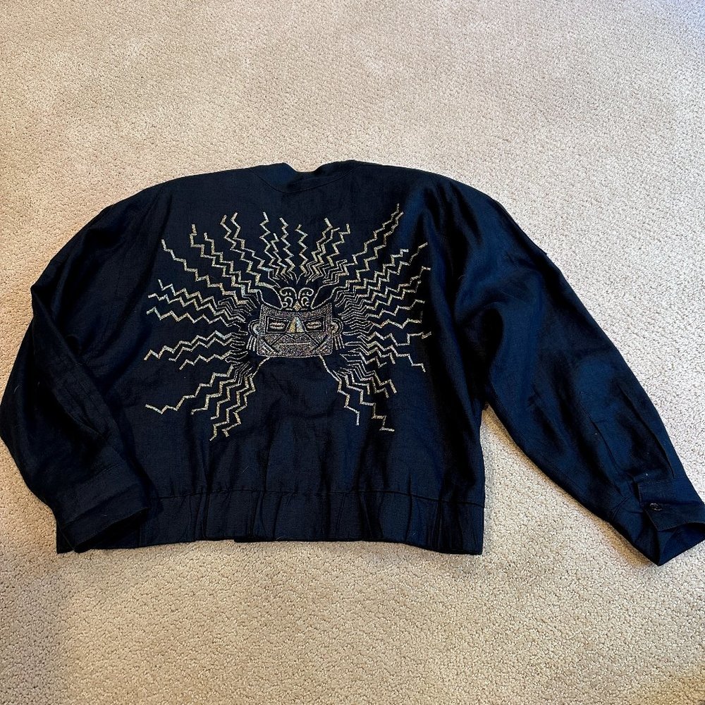 VTG Linda Allard Ellen Tracy Jacket Linen Black Embroidered Aztec Inca Size 10